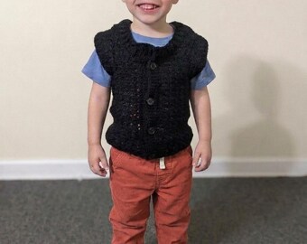 Black Crochet Toddler Vest, Airy Unisex Little Kids Button-Up Waistcoat, Handmade Clothes Size 2T, Breathable Boys and Girls Layer
