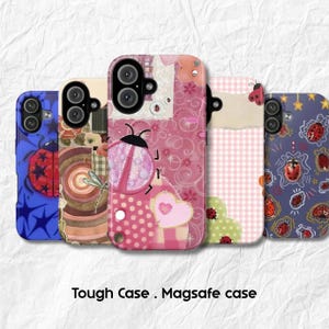 May include: Five smartphone cases featuring various designs including ladybugs, hearts, and floral patterns in blue, pink, and purple color palettes. The cases are arranged in a row, each with a camera cutout, and the text Tough Case . Magsafe case.