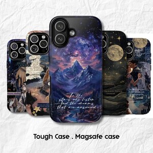 May include: Five smartphone cases featuring various fantasy-themed illustrations. The central case displays a mountain landscape under a starry sky with the text, To the stars who listen And the dreams that are answered. Other cases show celestial, moon, and character motifs.