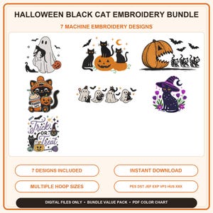 Può includere: Un pacchetto di ricami di Halloween con gatti neri che include 7 disegni per macchine da ricamo. Le grafiche mostrano gatti con fantasmi, zucche, pipistrelli, un latte e il testo Trick or Treat. Il set include file digitali per il download.