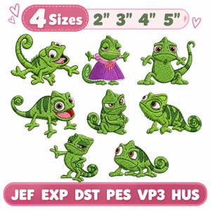 May include: A collection of eight green chameleon embroidery designs in various poses, including one wearing a purple dress. The text 4 Sizes 2" 3" 4" 5" appears at the top, and the file formats JEF EXP DST PES VP3 HUS are listed at the bottom.