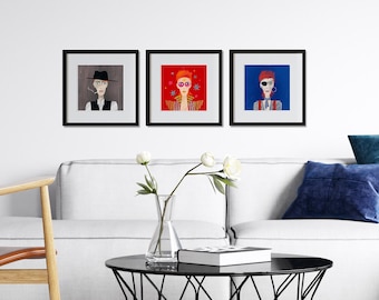 Set of 3 David Bowie prints, 12x12' / 30x30 cm, unframed, museum quality giclee print, LP size wall art