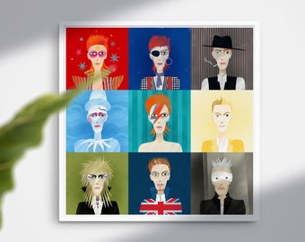 9 Portraits of David Bowie, Bowie Art Print, Ziggy Stardust, Thin White Duke, Rebel Rebel, Diamond Dogs, Black Star, Alladin Sane