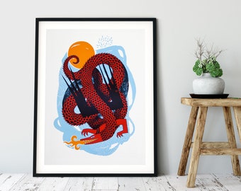 River Lea Dragon, Red Dragon, Dragon Art Print, Original Limited Edition Screenprint 50x70 cm