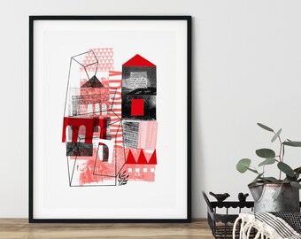 Building Home, Limited Edition Risograph print, Abstract Cityscape Print, Abstract Collage Art Print