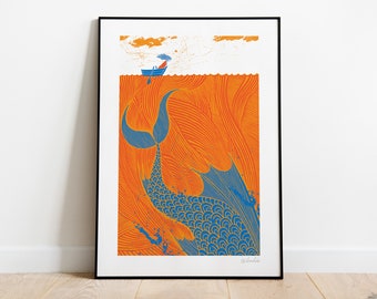 Sea Monster Art Print, Girl on a tiny boat, Huge Fish Print, Whale Art, Mystery of Love Art