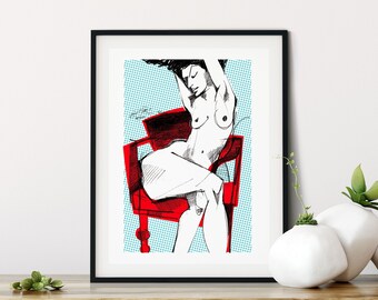 Nude On A Red Chair, Limited Edition Screenprint, Life Drawing, Pop Art, Nude Sketch