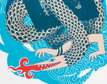 River Lea Dragon, Golden Dragon Print,  Original Limited Edition Screenprint 50x70 cm