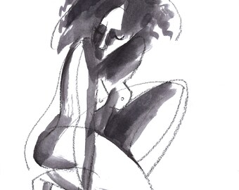 Nude Sketch, Ink Life Drawing, Minimalist Nude, Giclee print for contemporary hone decor.