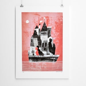 Journey Home, Home Print, Woman Man and a Dog in a Boat / Limited Edition Risograph Print, Noah, Lockdown Gift image 2