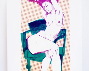 Nude On A Green Chair, Female Form Art Print, Original Art Print, Wall Art, Limited edition