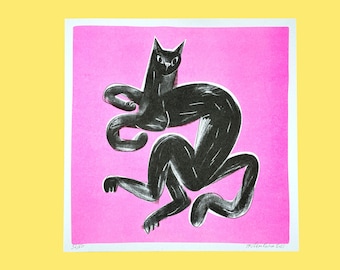 Black Cat on Pink / Eco Friendly Riso Print