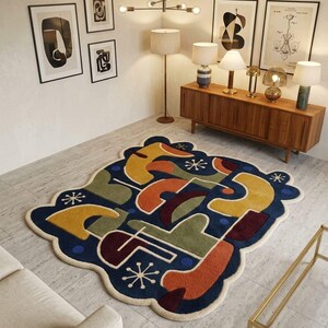 Hand Tufted Abstract Geometric Wool Rug, Modern Color Block Area Rug, Mid Century Irregular Carpet, Living Room Home Decor