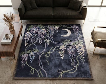 Moon & Wisteria Hand Tufted Rug, Floral Botanical Area Rug, Celestial Crescent Moon Carpet, Cottagecore Home Decor Gift