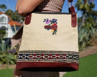 Vintage Kilim Top Handle Bag: Turkish Leather Carpet Bag