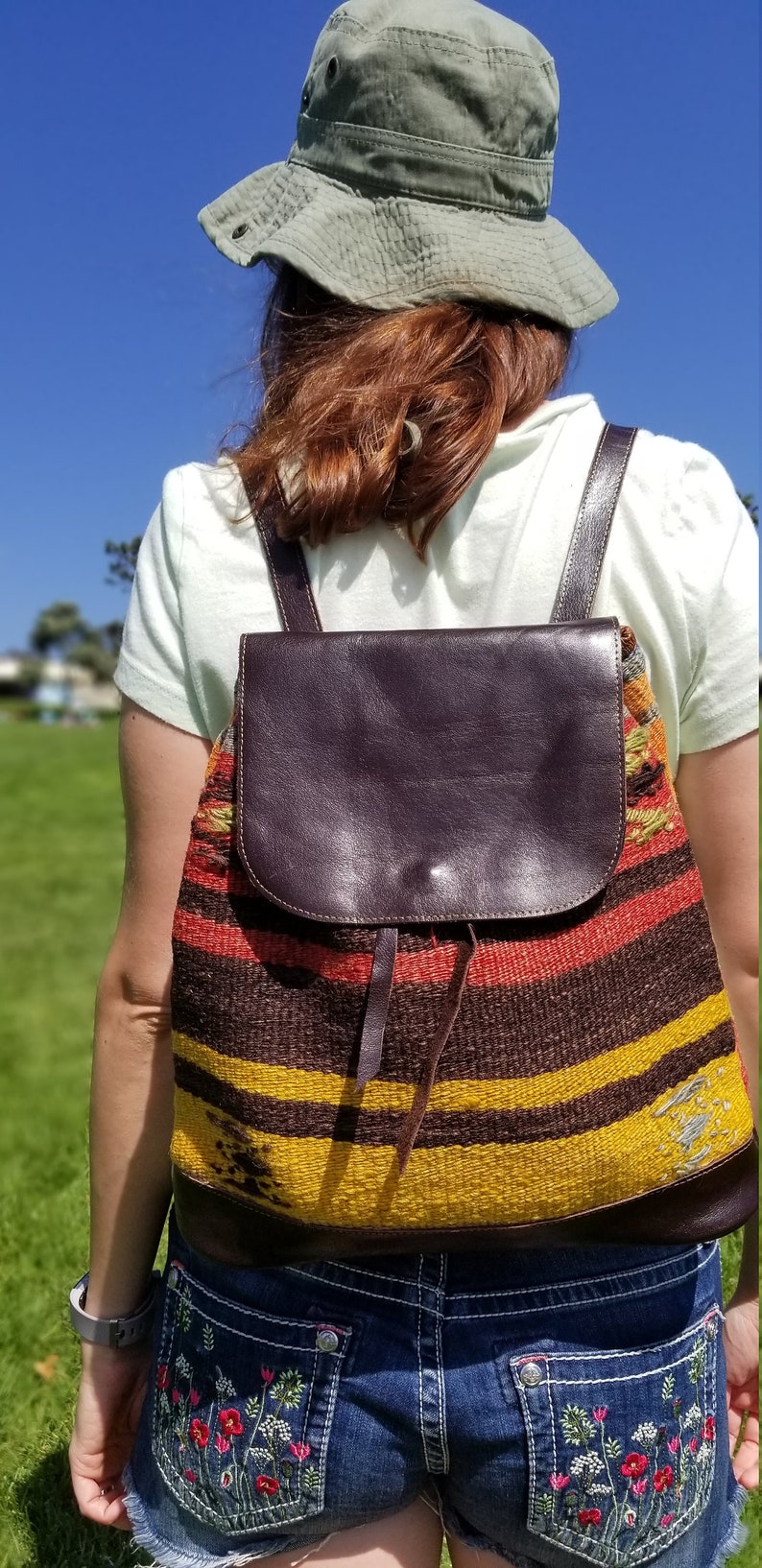 Vintage Backpack,Vintage Leather Bag,Kilim Bag,Boho Backpack,Hippie Backpack,Vintage Rucksack,Vintage Bucket Bag,Backpack Purse,Hobo Bag image 2