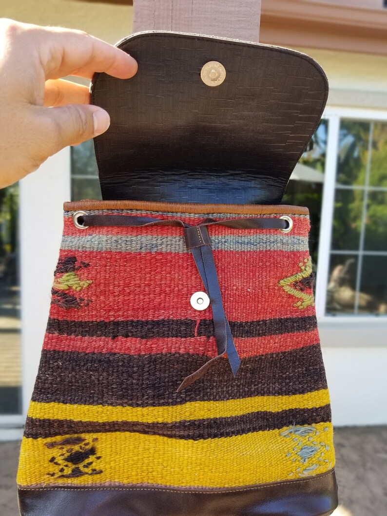 Vintage Backpack,Vintage Leather Bag,Kilim Bag,Boho Backpack,Hippie Backpack,Vintage Rucksack,Vintage Bucket Bag,Backpack Purse,Hobo Bag image 8