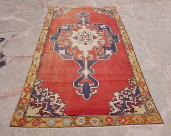Vintage Turkish Oushak Rug: 4x8 Red-Blue Medallion Area Rug