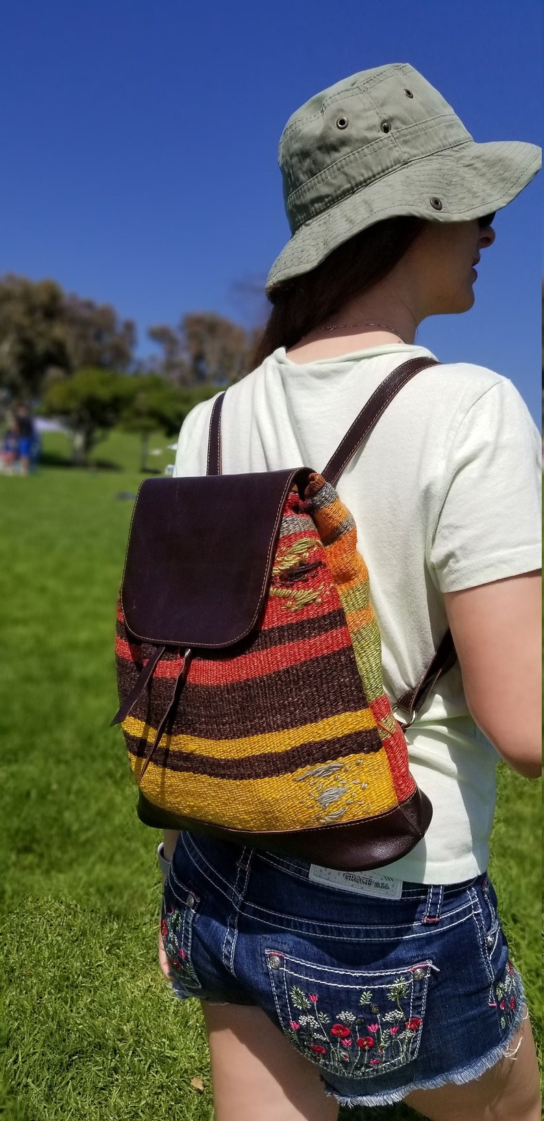 Vintage Backpack,Vintage Leather Bag,Kilim Bag,Boho Backpack,Hippie Backpack,Vintage Rucksack,Vintage Bucket Bag,Backpack Purse,Hobo Bag image 1