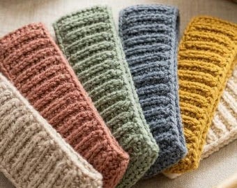 May include: Six rectangular crocheted headbands in beige, terracotta, sage green, slate blue, mustard yellow, and cream, arranged in a fan shape. Includes two large yarn balls, a woven basket with yarn, a wooden crochet hook, and gold scissors.