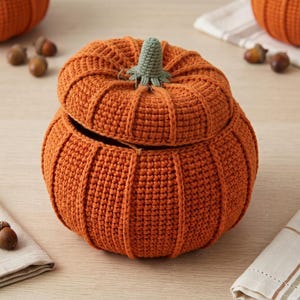 May include: A round, orange, crocheted pumpkin-shaped container with a removable lid. The pumpkin features vertical ribbed texture and a small, sage green crocheted stem at the center of the top. The item is crafted from yarn with visible stitches.