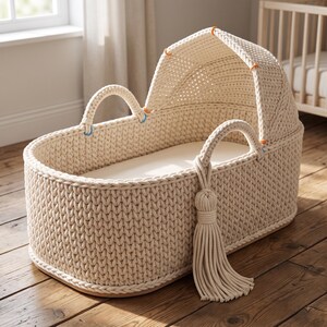 May include: A cream-colored, hand-crocheted baby bassinet featuring a structured hood, two sturdy woven handles, and a large decorative tassel hanging from one side. The interior contains a smooth, flat, off-white mattress pad.