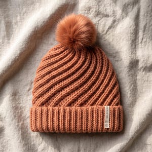 May include: A rust-colored knit beanie featuring a diagonal ribbed pattern, a matching faux fur pom-pom on top, and a wide folded cuff. A small rectangular fabric tag on the cuff displays the text SOUL BY DESIGN with a circular S logo.