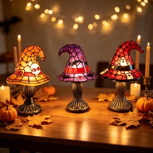 Witch Hat Stained Glass Resin LED Lamp – Adjustable Brightness Night Light For Halloween, Wiccan Decor, Parties & Home