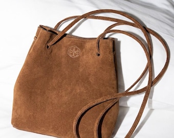 Suede Bag, Small Brown Leather Purse, Personalized Drawstring Shoulder Bag, Gift for Her
