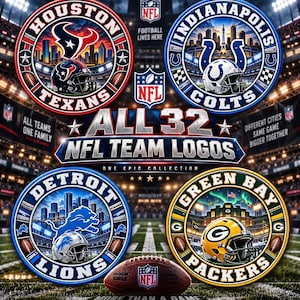 May include: A digital graphic featuring four circular NFL team logos for the Houston Texans, Indianapolis Colts, Detroit Lions, and Green Bay Packers, centered around the text ALL 32 NFL TEAM LOGOS with a football displaying the NFL logo below.