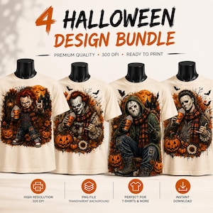 May include: Four cream-colored t-shirts featuring Halloween-themed graphic prints of horror characters holding pumpkin-themed cups. The text at the top reads 4 HALLOWEEN DESIGN BUNDLE. Each shirt displays a unique character surrounded by autumn leaves, pumpkins, and bats.