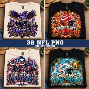 May include: A collection of four t-shirts featuring NFL team graphics including the Baltimore Ravens, Kansas City Chiefs, Houston Texans, and Miami Dolphins. Each shirt displays a team helmet, mascot, city skyline, and team name in vibrant colors.