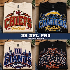May include: Four t-shirts featuring NFL team graphics. The top left is cream with a red Chiefs logo. The top right is black with a blue Chargers logo. The bottom left is cream with a blue Giants logo. The bottom right is black with a Bears logo.