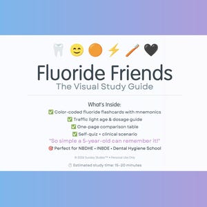 May include: A white rectangular study guide titled Fluoride Friends with a row of emojis including a tooth, smiley face, orange circle, lightning bolt, toothbrush, and heart. It lists contents like color-coded flashcards, a dosage guide, and a self-quiz.