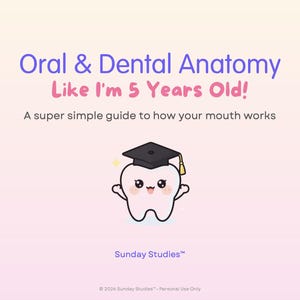May include: A digital document cover titled Oral & Dental Anatomy Like I'm 5 Years Old! A super simple guide to how your mouth works. It features a white cartoon tooth character wearing a black graduation cap and the text Sunday Studies.