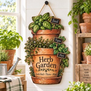 Décoration murale pour jardin d'herbes aromatiques, panneau de jardin en pot de terre cuite, suspension murale basilic, thym et menthe, décoration rustique pour porche et jardin, panneau pour jardin d'herbes aromatiques