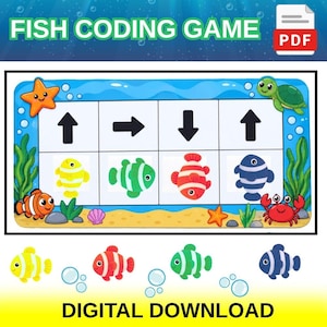 May include: A Fish Coding Game digital download PDF featuring a grid with directional arrows and colorful fish illustrations. The border includes a starfish, a sea turtle, a crab, and seaweed on a sandy ocean floor background.