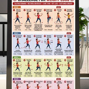 May include: A rectangular poster titled 28 Day Walking Tai Chi Challenge for Weight Loss. It features a grid of 28 numbered exercise illustrations with red and blue figures demonstrating movements, organized by week with instructions and set counts.