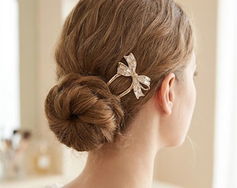 Crystal Bow Hair Fork, Rhinestone Bow Hair Pin, Gold Silver Bridal Hair Stick, Elegant French Twist Updo Hair Accessory for Women