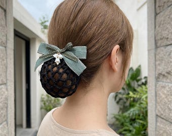 Bow Hair Net Barrette, Elegant Bun Cover Hair Clip, Green Ribbon Bow Hairnet, French Bun Holder, Ballet Hair Accessory for Women Girls