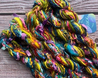 Carnival sustainable art yarn bundle & upcycled weaving fibre pack | Mini loom sampler, mixed media, junk journal, tassels, trims, felting