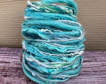 Mint Sustainable Art Yarn Bundle | Reclaimed yarns for Weaving, Crochet, Tassels, Felting, Textile Crafts, Pompoms