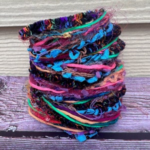 Coral sustainable art yarn bundle & upcycled weaving fibre pack | Fibre art supply, eco craft, tassels, mixed media, trims, embellishments