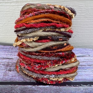 Bonfire sustainable art yarn bundle & upcycled weaving fibre yarn | Fibre art supply, eco embellishments, crochet, Fall 20 yard trim pack