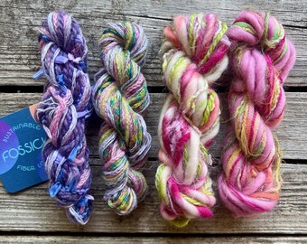 Twist mini sustainable handmade yarn skein | Pink + Purple upcycled weaving art yarn bundle, fibre craft, mini loom yarn sampler, crochet