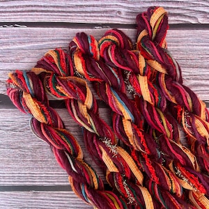 Sangria sustainable art yarn bundle & upcycled weaving fibers | Mini loom sampler, crafts, journal, tassel, mixed media, 22 yd trim, pom pom