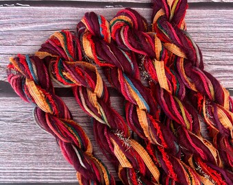 Sangria sustainable art yarn bundle & upcycled weaving fibers | Mini loom sampler, crafts, journal, tassel, mixed media, 22 yd trim, pom pom
