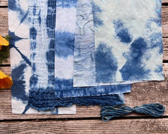 Indigo hand-dyed slow stitch fabric pack | Botanical collage art textiles | Zero waste quilting