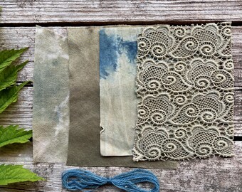 Muestrario de telas para acolchado teñidas naturalmente / Textiles de lino y seda en índigo y caqui / Remiendos visibles, bordado, fieltro, puntada lenta, tarjetas