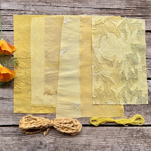 Paquete de textiles amarillos teñidos con tintes vegetales para costura lenta / Materiales para manualidades con estampado botánico / Retazos de tela, cero residuos, bordado, acolchado, fieltro, muñecas